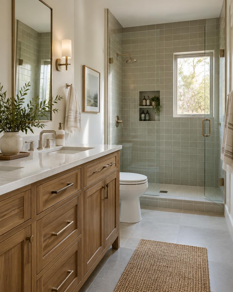 Remodeled bathroom with precise tilework
